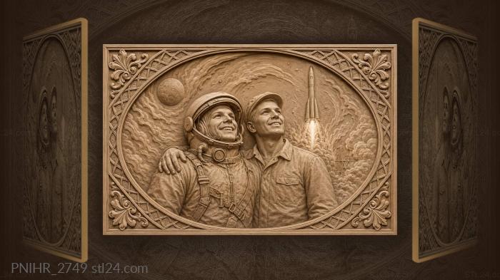 Yuri Gagarin with a worker by the rocket 3d STL model