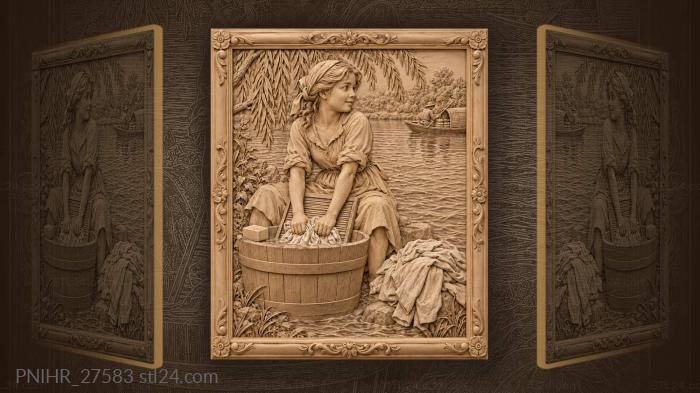 Beside river girl washes as boat passes 3d STL model