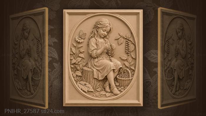 Girl threads berries beside stump 3d STL model