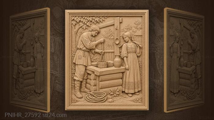 Young man lowers well bucket 3d STL model
