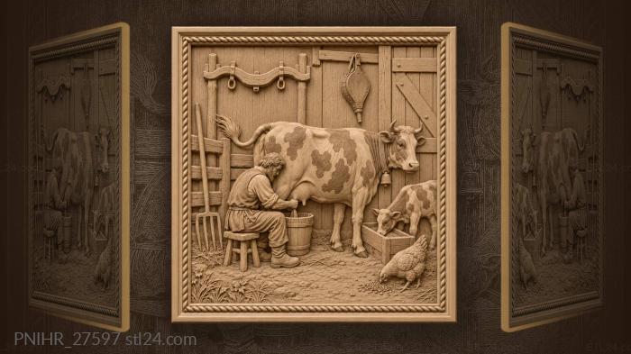 Cowherd milks cow beside barn 3d STL model