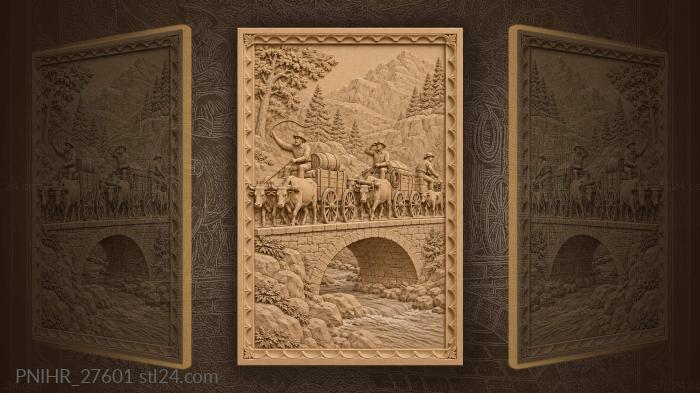 Oxen pull three carts over the bridge 3d STL model