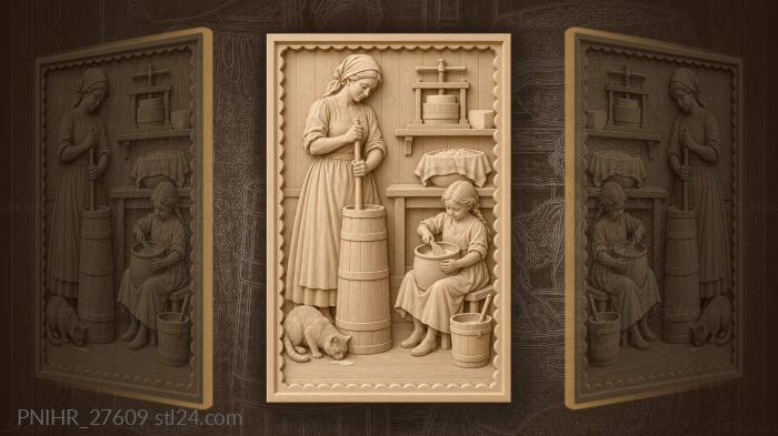 Girl scraping cream while butter is churned 3d STL model