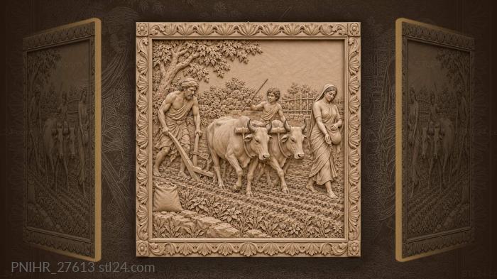Farmer plowing with boy and woman 3d STL model