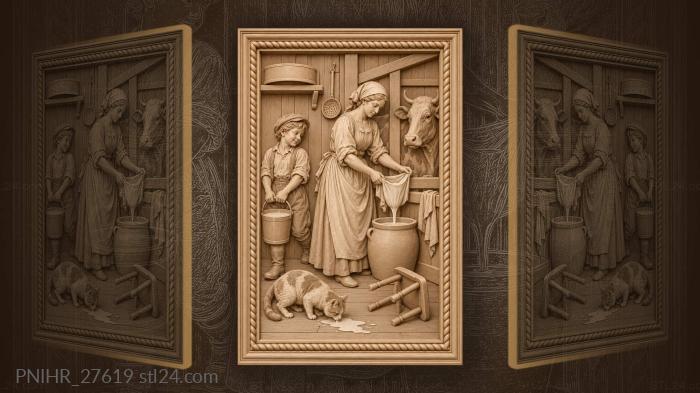Dairymaid filters milk as the cat laps 3d STL model