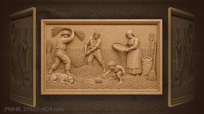 Threshing scene with village life details 3d STL model