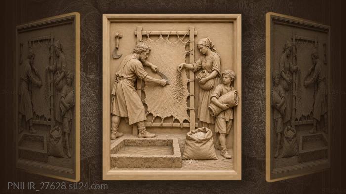 Tanner scrapes hide as boy carries skin 3d STL model