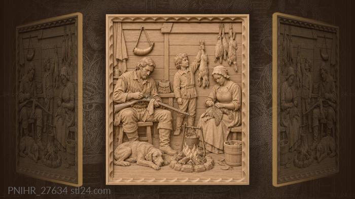 Hunter cleaning flintlock while boy shows hare 3d STL model
