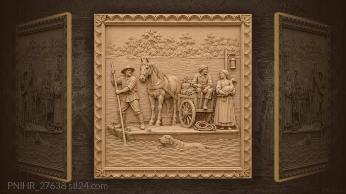 Ferryman carries horse and cart across 3d STL model