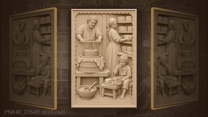 Cheesemaker weights curds while family helps 3d STL model