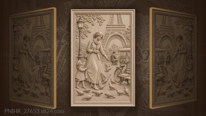 Parisian woman feeds pigeons by tower 3d STL model
