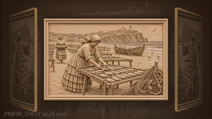 Woman turning split fish on drying rack 3d STL model