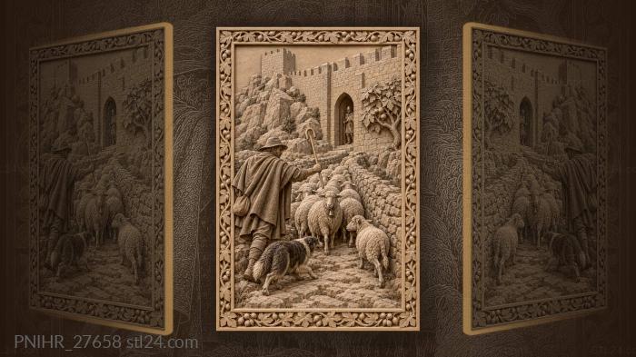 Shepherd drives sheep toward marvao 3d STL model