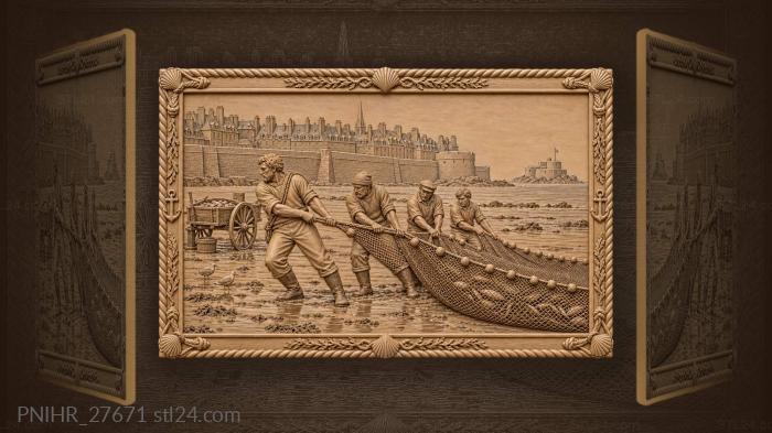 Saint-malo fishermen drag seine toward cart 3d STL model
