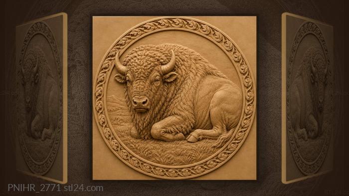 Resting bison with leaf border 3d STL model