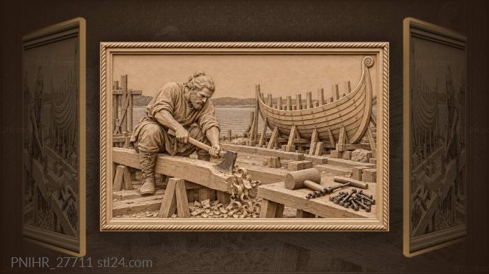 Shipwright hewing timber longship construction 3d STL model
