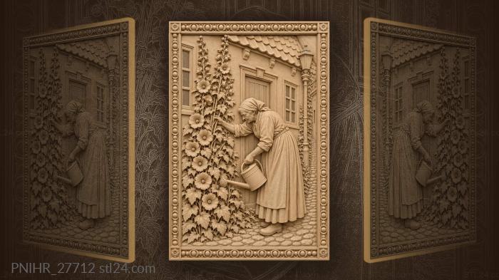 Old woman watering hollyhocks ærøskøbing 3d STL model