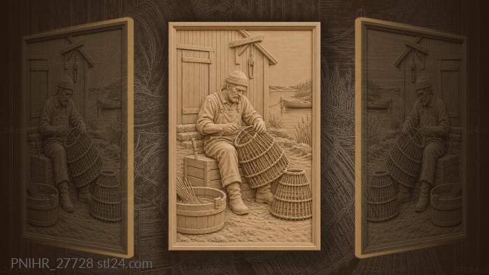 Fisherman mending a wicker fish trap 3d STL model