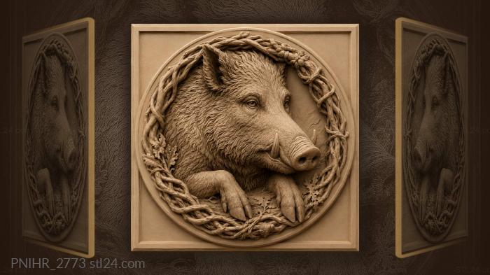 Wild boar head in foliage 3d STL model