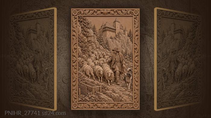 Shepherd with flock under castle 3d STL model