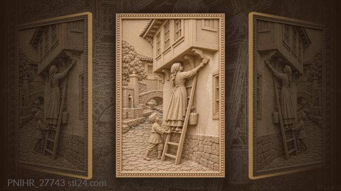 Woman whitewashing wall beneath the oriel 3d STL model