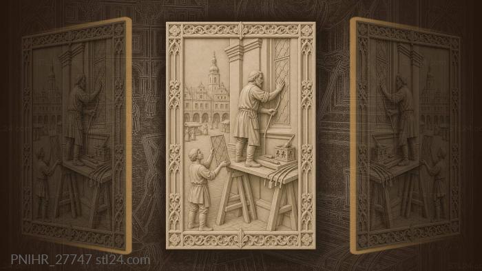 Glazier eases a leaded panel into the window 3d STL model