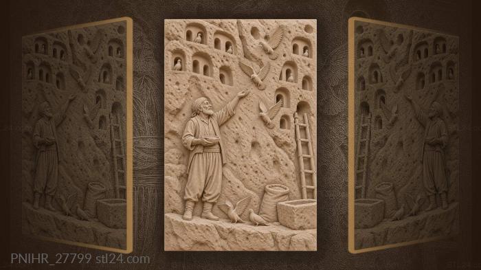 Old man feeding pigeons uchisar cliff 3d STL model