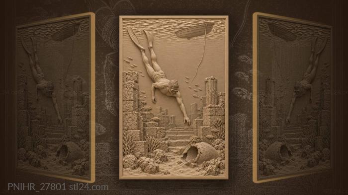Diver among ancient sunken ruins 3d STL model
