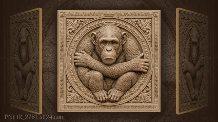 Chimpanzee emerging from circular frame 3d STL model