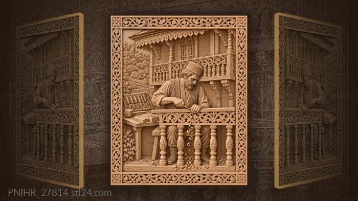 Woodworker on a balcony trims a pierced railing 3d STL model