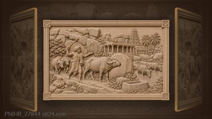 Herdsman driving buffaloes among granite boulders 3d STL model