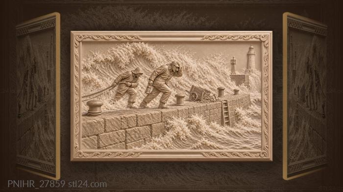 Stormy sea men and lighthouse beacon 3d STL model