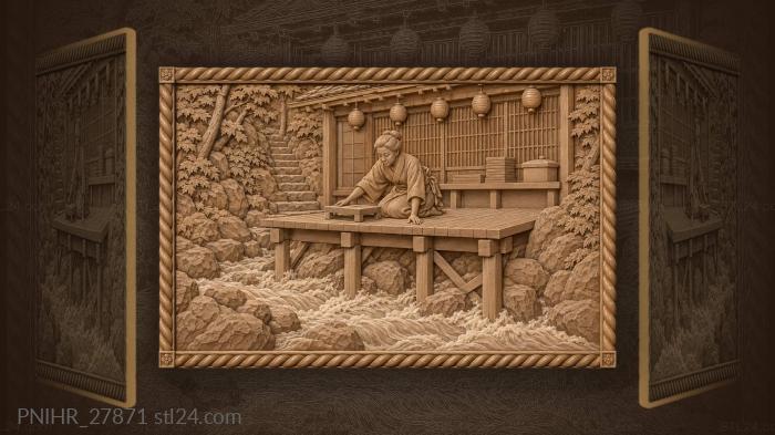Cook on platform above rushing stream 3d STL model