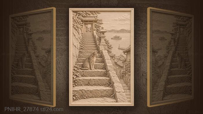 Onomichi stairs cat and distant ferry 3d STL model