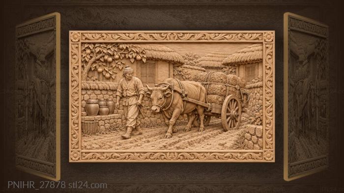 Farmer leading ox with straw cart 3d STL model