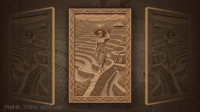Rice terraces woman with harvest 3d STL model