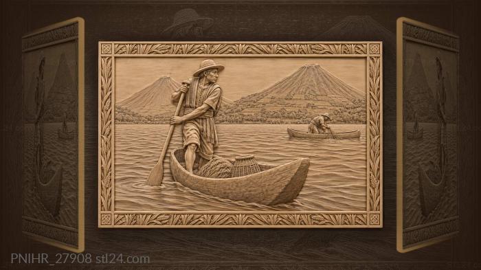 Lake atitlán fisherman with volcanoes 3d STL model