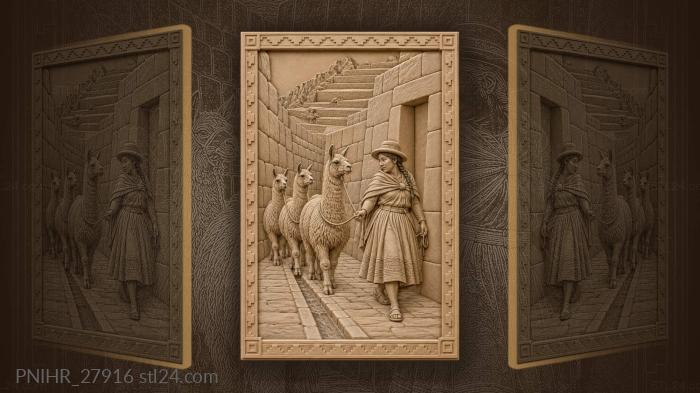 Andean woman with llamas ancient street 3d STL model