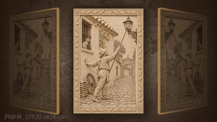Lamplighter lighting a lantern on a whitewashed wall 3d STL model