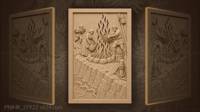 Villagers build a cliffside signal fire 3d STL model