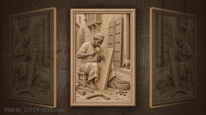 Zanzibari craftsman works a lotus rosette on a door 3d STL model