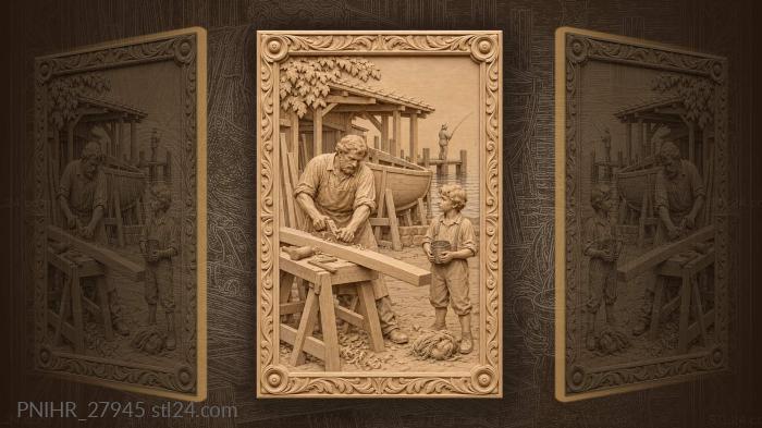 Lakeside boatbuilding scene with fisherman 3d STL model
