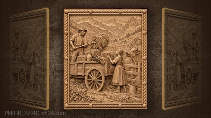 Mountain haymaking scene with girl and cow 3d STL model