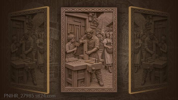 Alpbach workshop scene with craftsman and family 3d STL model
