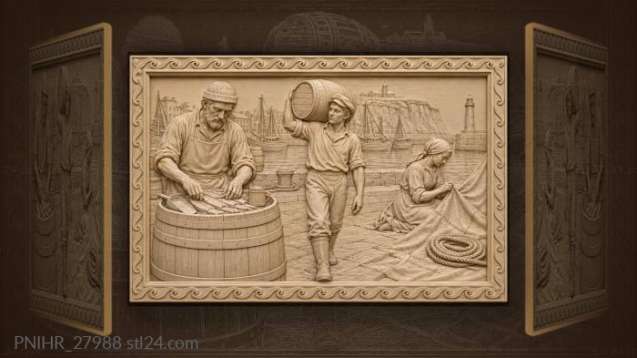Herring curer fills a barrel at the quay 3d STL model