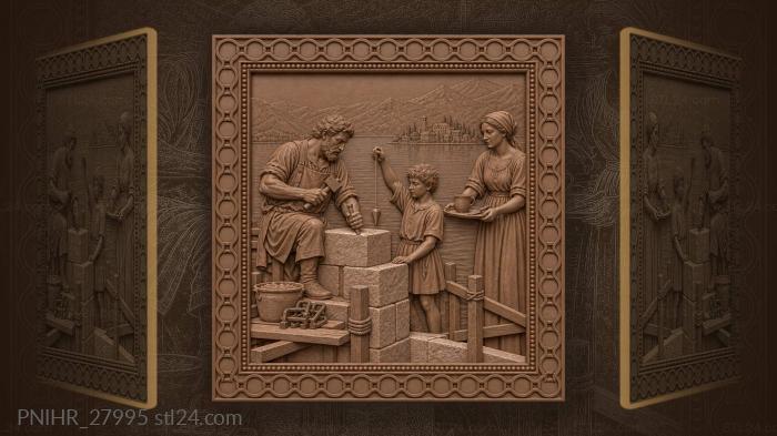 Stonemason cuts a corner block by the lake 3d STL model