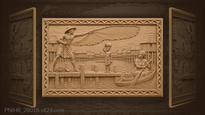 Ganvie fisherman with boy and canoe 3d STL model