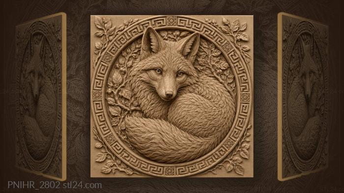 Curled fox inside a greek key band 3d STL model