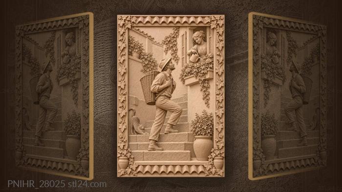 Courier with a basket climbing the stairway 3d STL model