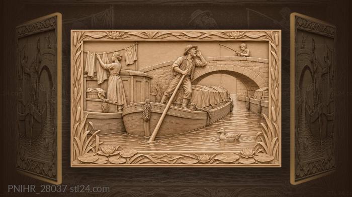Canal scene with boats and figures 3d STL model